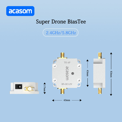 12V Super Drone Bias Tee Χαμηλή απώλεια εισαγωγής ≤0,4dB για ισχύ εισόδου ≤40dBm και 2,4-2,5GHz